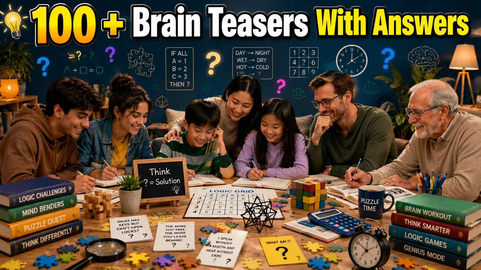 "100+ brain teasers with answers, families solving logic puzzles, math riddles, and brain games together."