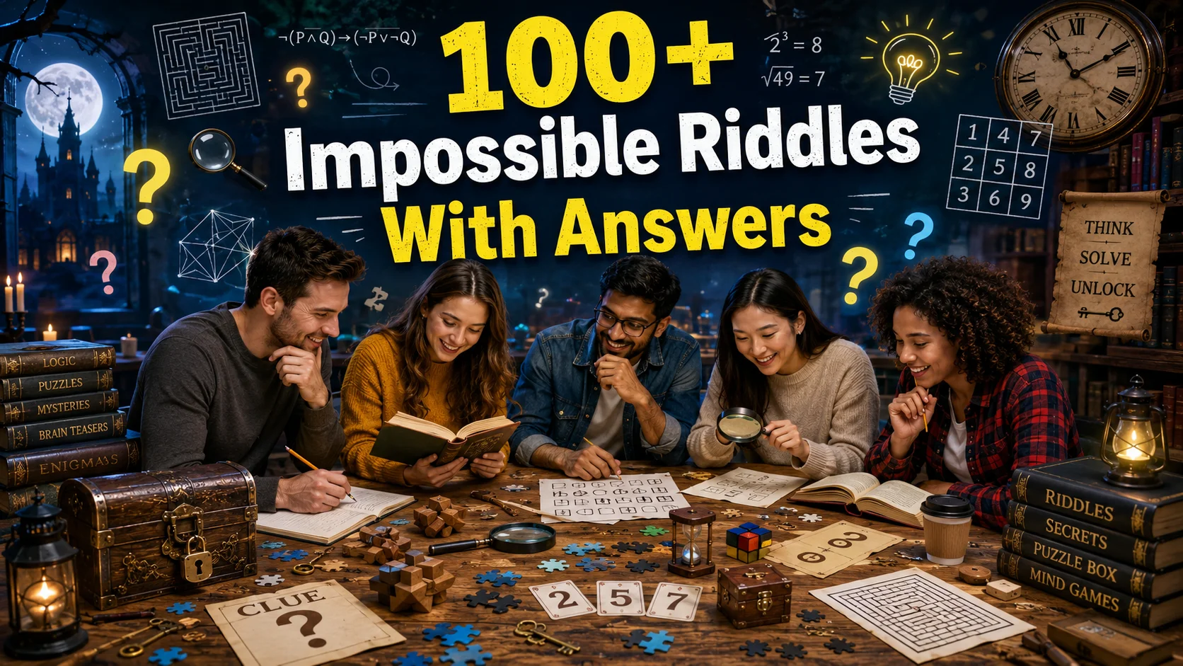 Family solving impossible riddles with answers around a table surrounded by puzzles, question marks, light bulbs, books, clocks, and brain teaser symbols.