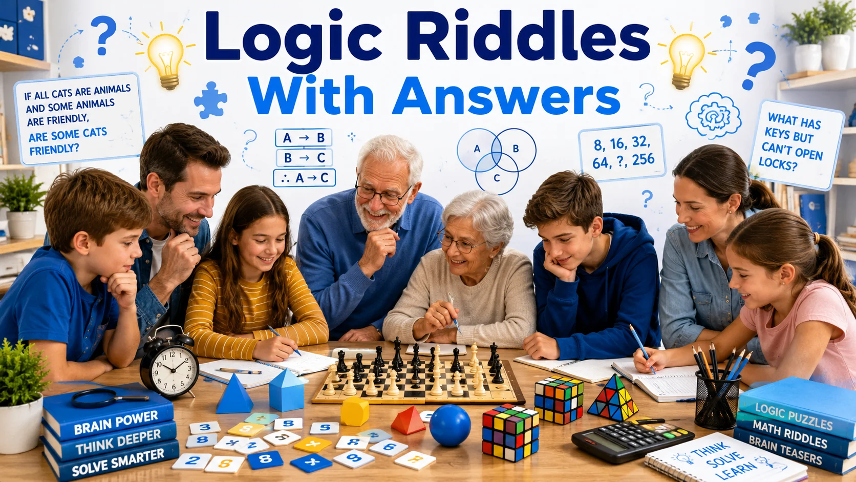 Logic riddles with answers featuring families solving brain teasers, math puzzles, and logic games together.