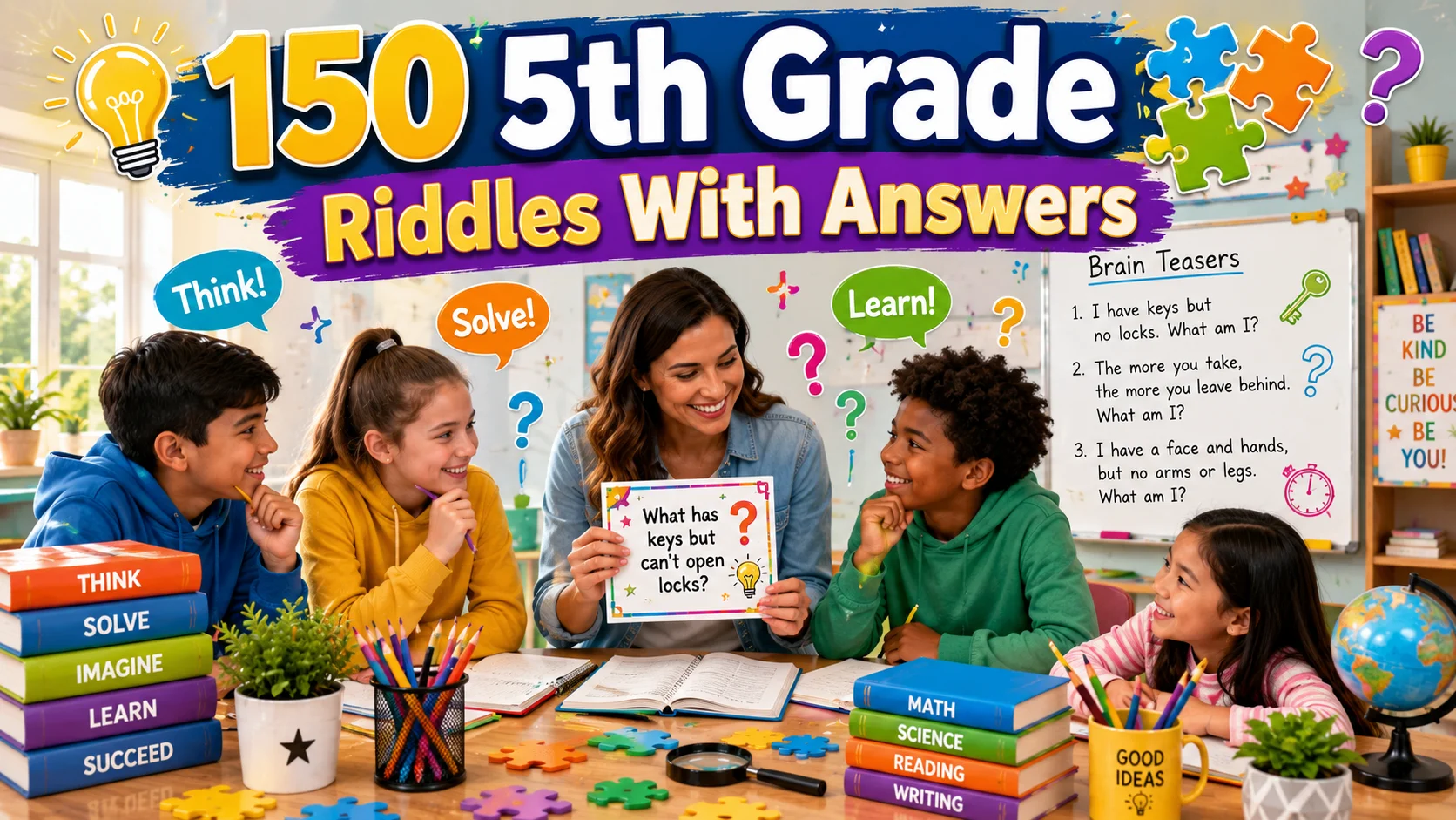 Smiling fifth-grade students solving riddles with their teacher in a colorful classroom for "150 5th Grade Riddles With Answers."