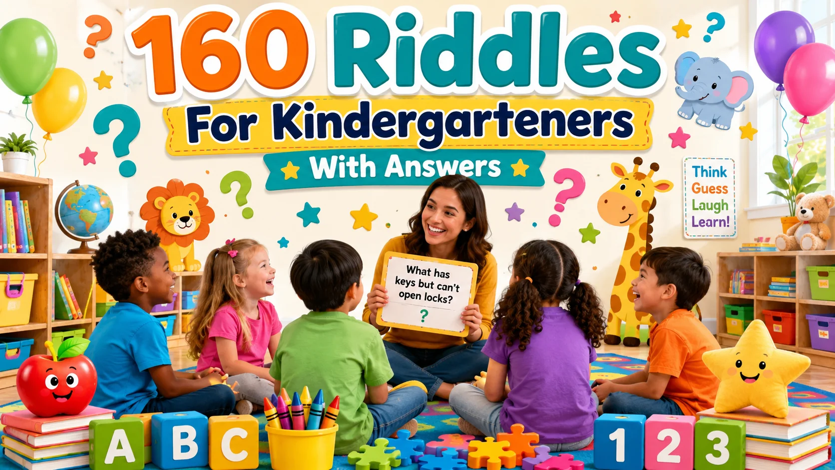 Children smiling while solving fun riddles in a colorful kindergarten classroom.