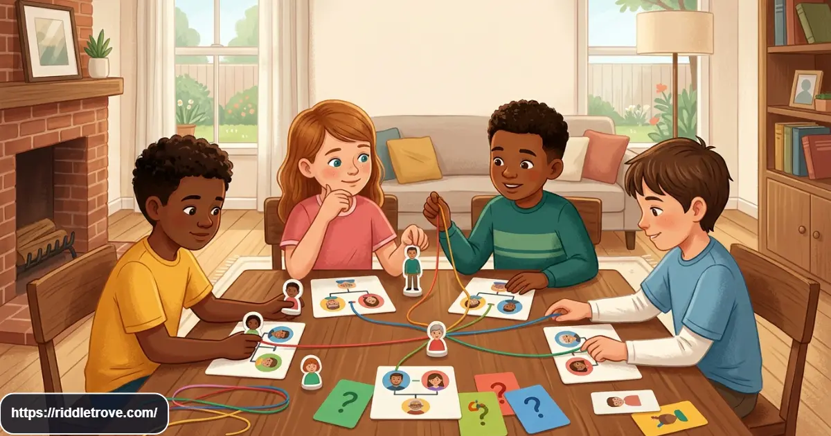 Kids solving family and relationship logic riddles with family clues and puzzle cards