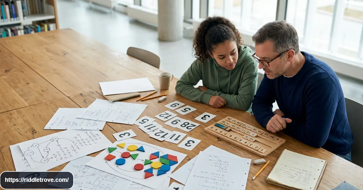Teen and adult solving a difficult final math challenge with numbers and equations
