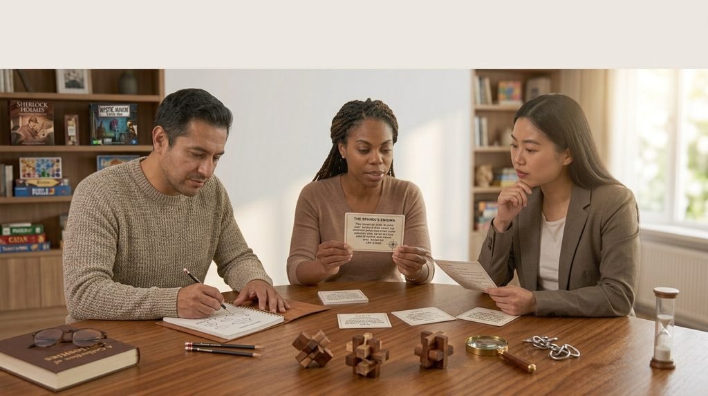 Adults solving tricky riddles that require careful thinking and clever answers
