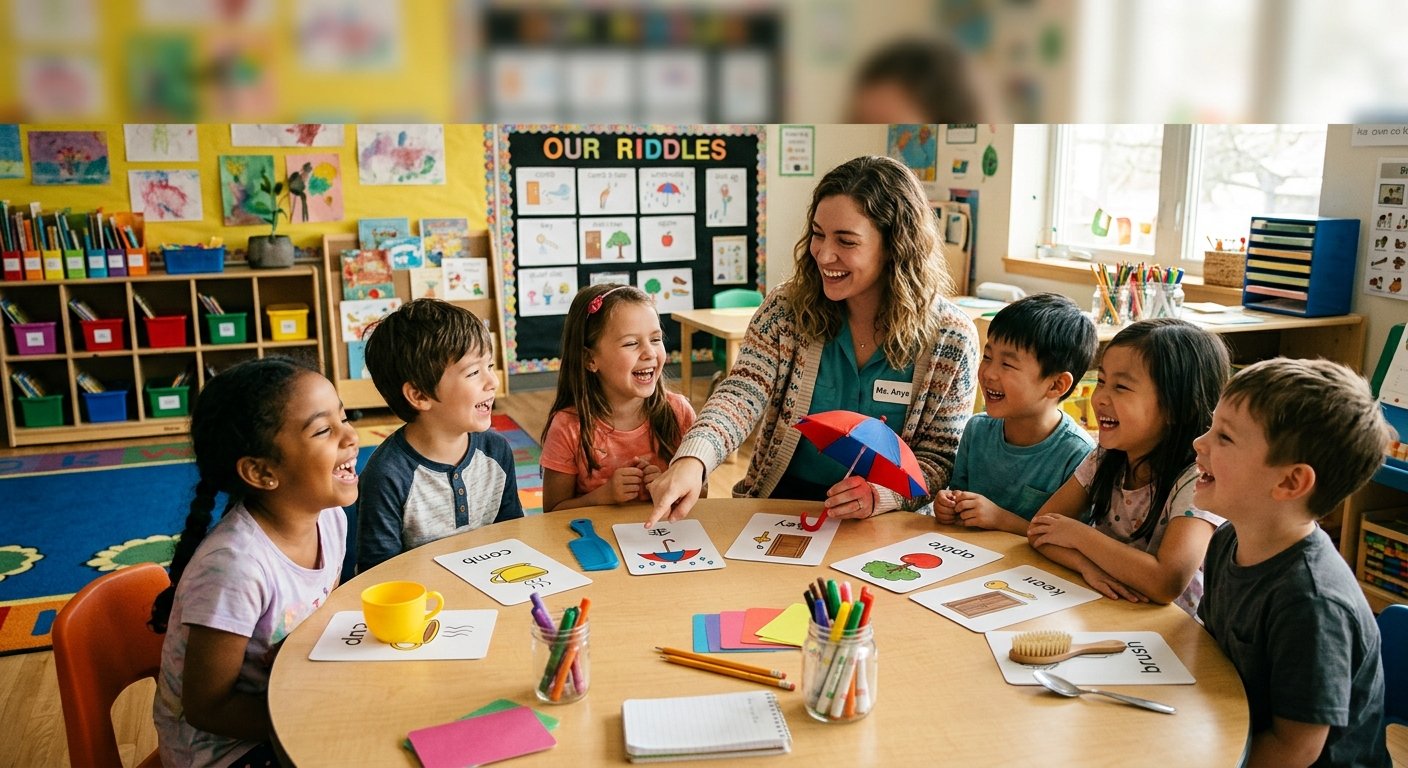 Young children laughing while solving playful kindergarten riddles together