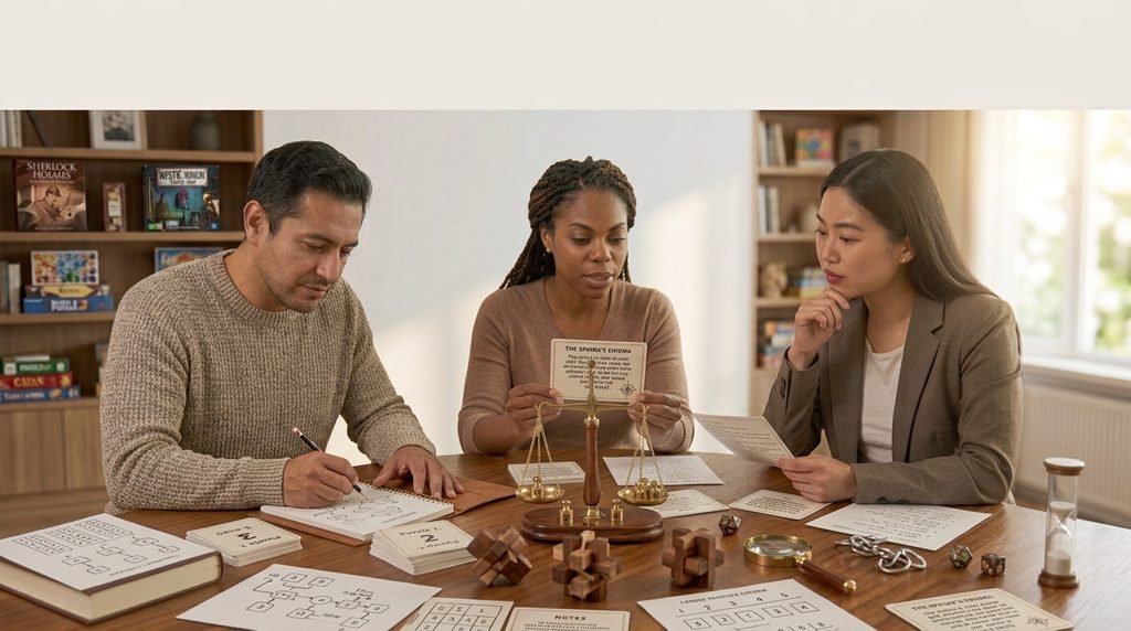 Adult solving a difficult logic riddle with notes and puzzle pieces