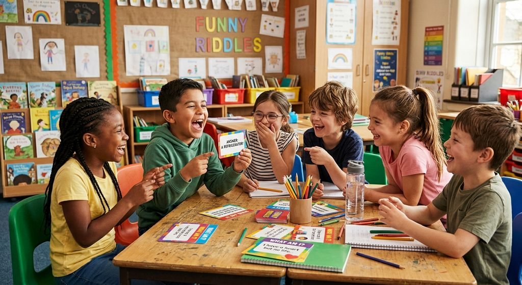 Elementary students laughing while solving funny riddles together
