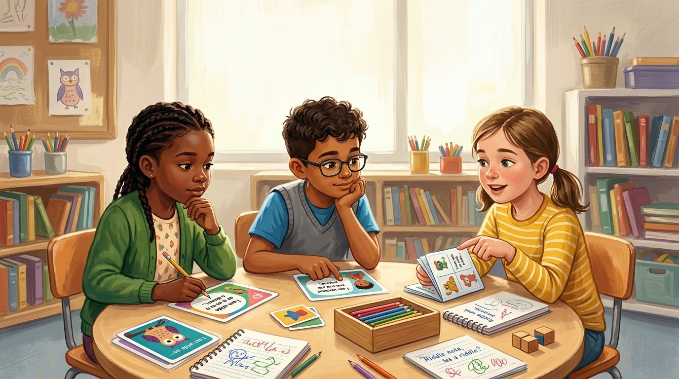 Kids solving fun and challenging riddles together at a table
