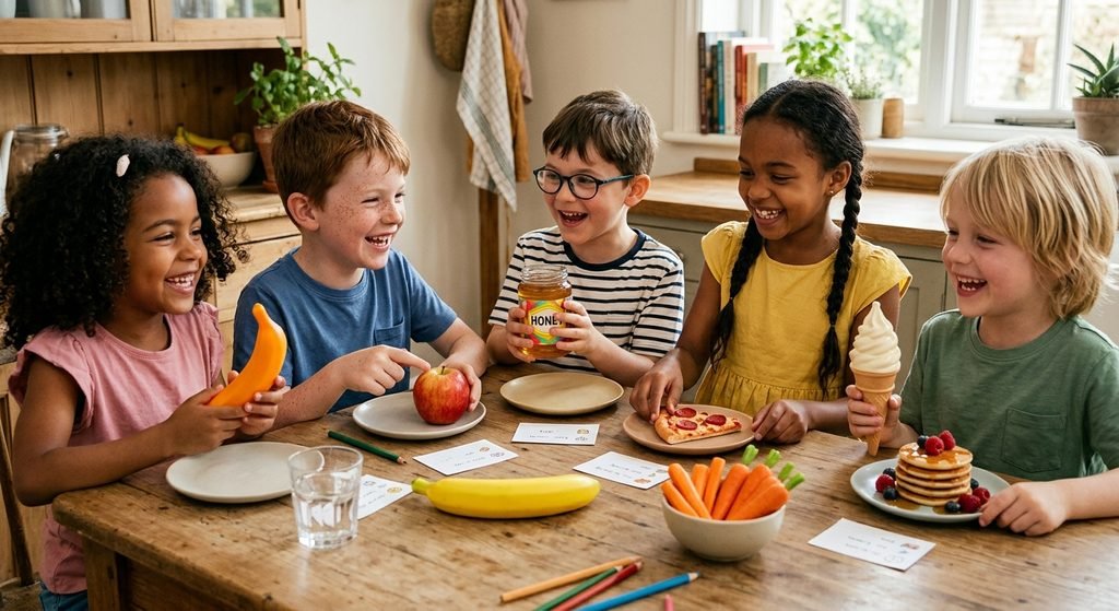 Kids solving food themed what am I riddles with colorful snacks nearby