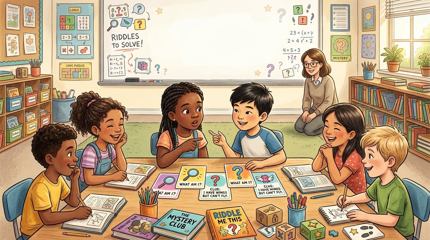 Children solving elementary riddles together in a colorful classroom