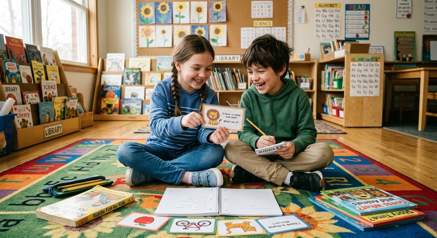 Young children enjoying an easy riddle game with colorful puzzle cards