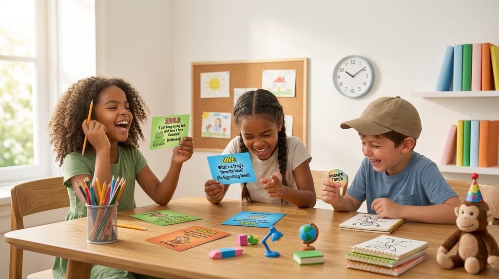 Children laughing together while sharing clean funny jokes