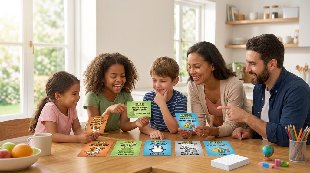 Children solving animal jokes and riddles with playful animal cards