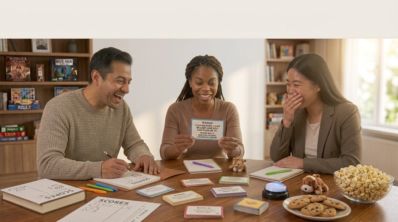 Adults laughing while solving playful riddles with harmless double meanings