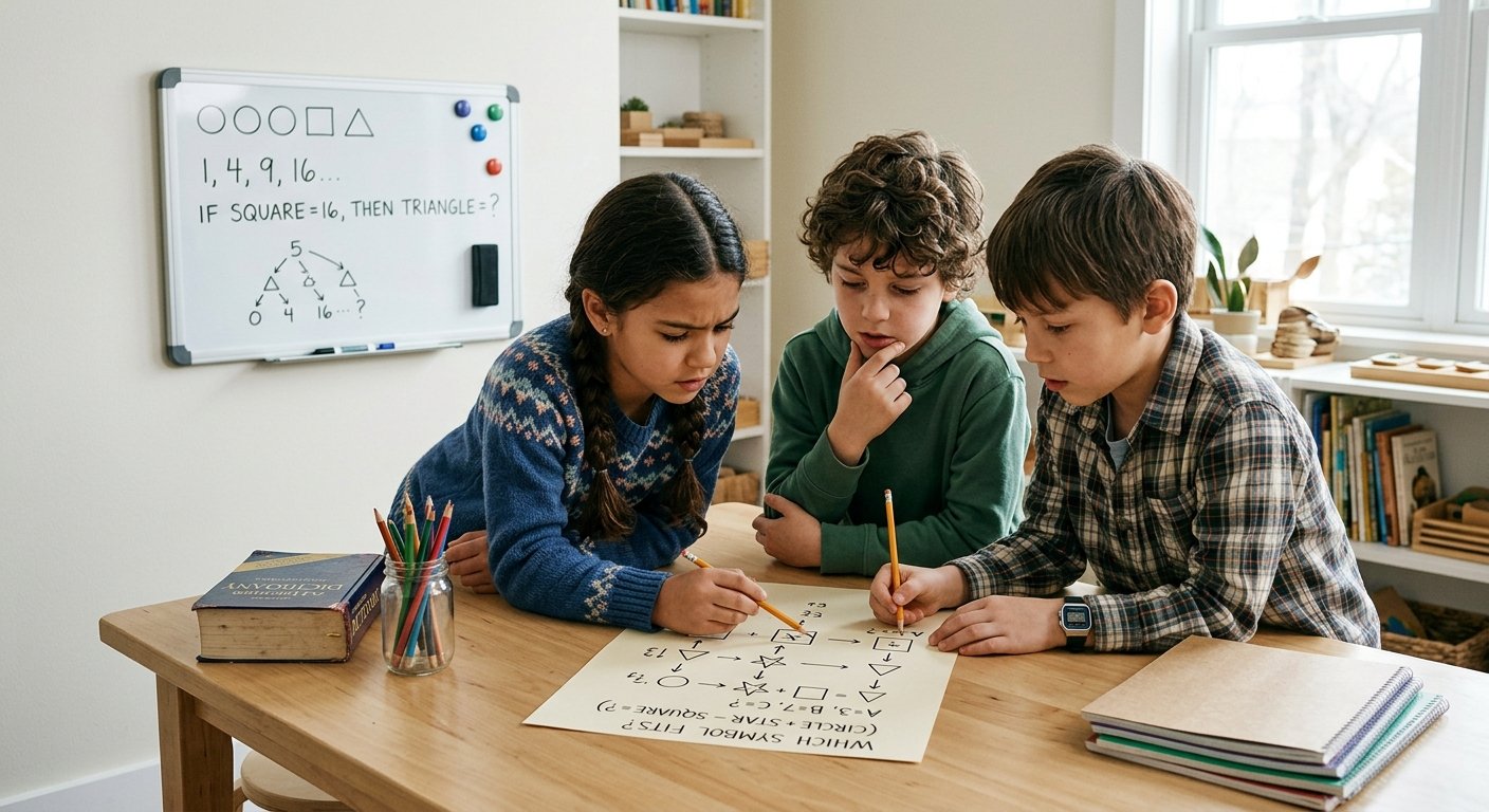 Older kids concentrating while solving challenging logic riddles together