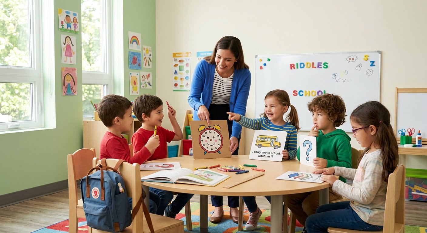 Kindergarten children solving school-themed riddles with books and classroom supplies