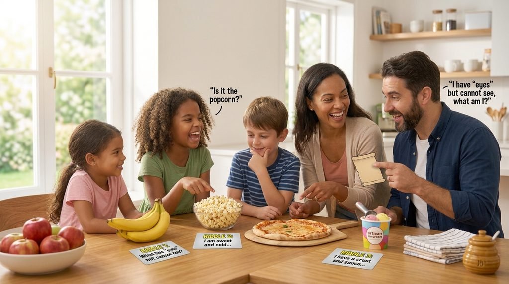 Children enjoying funny food jokes and riddles around a table