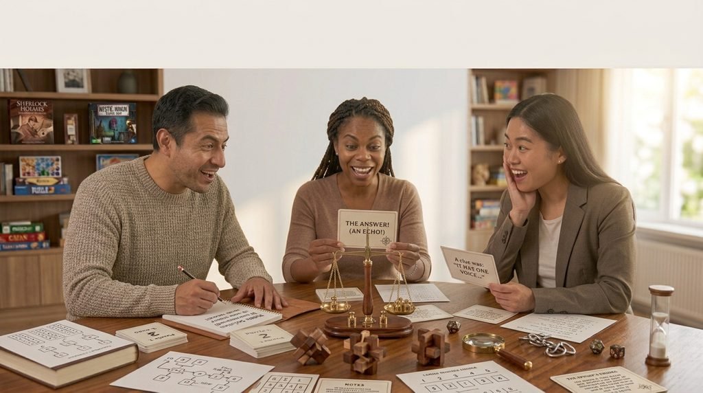 Adults solving clever riddles with surprising and unexpected answers