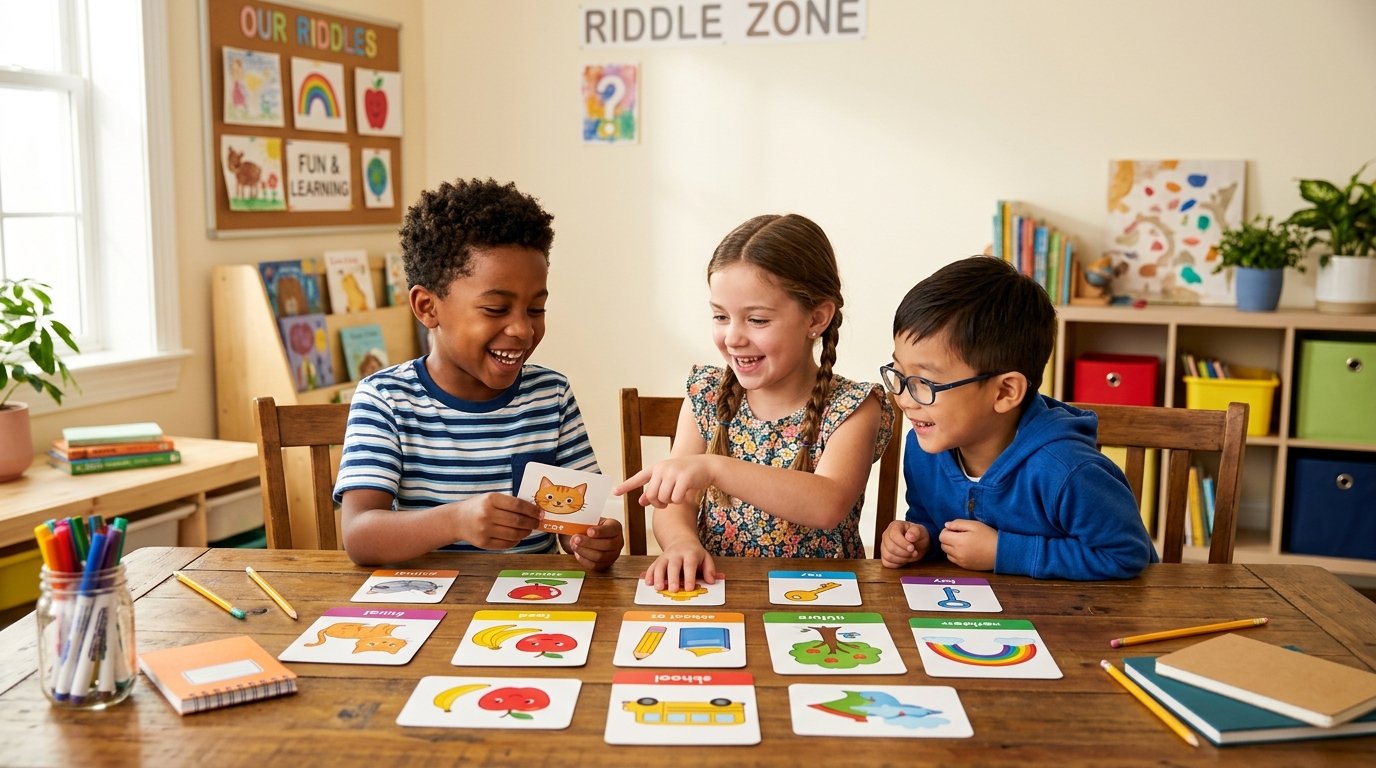 Children solving fun what am I riddles together with colorful clue cards