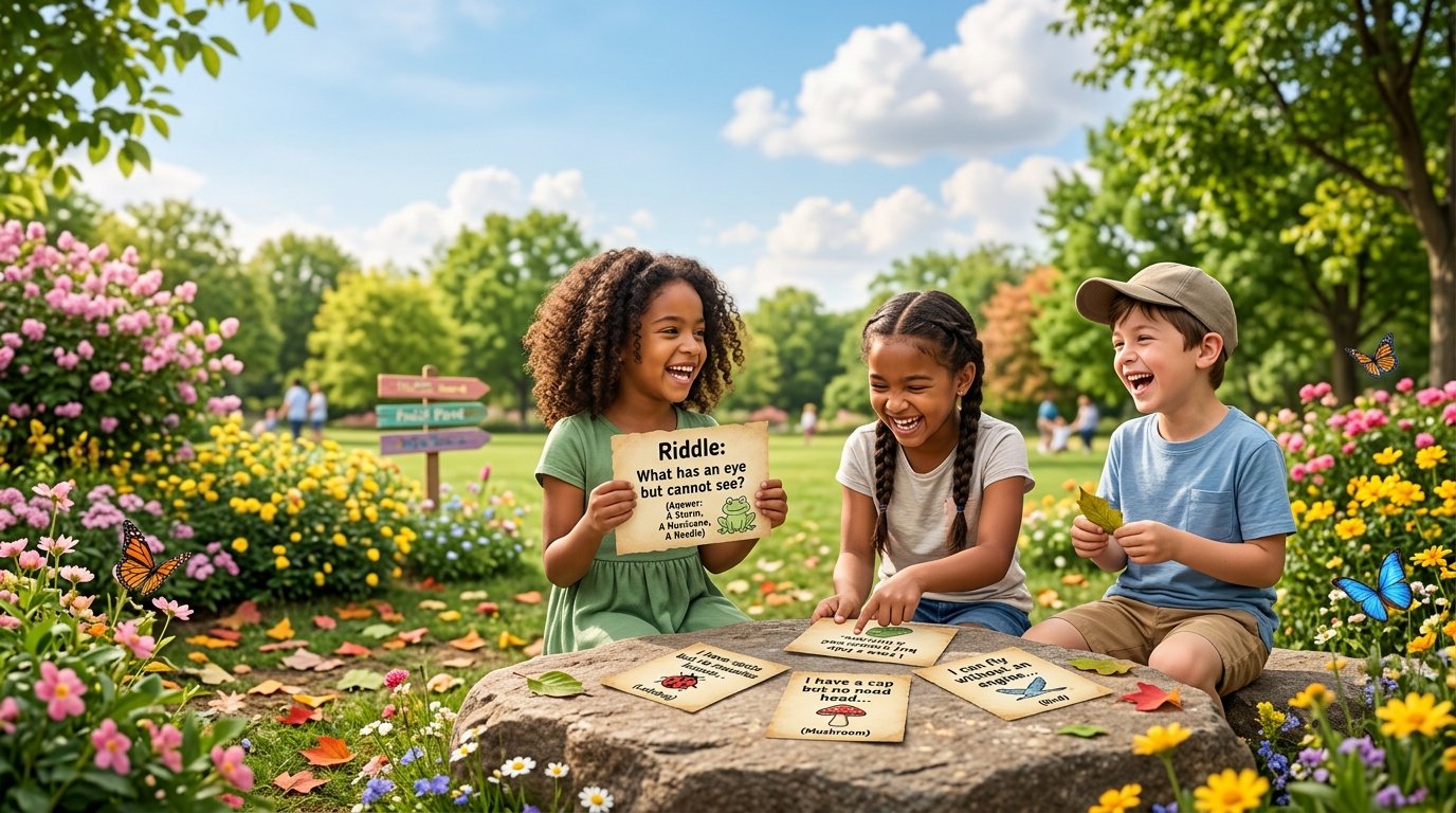 Children laughing and solving funny jokes and riddles together