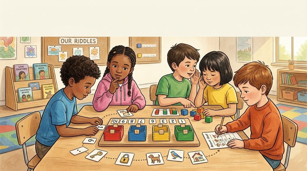 First graders working together on challenging but age-appropriate brain teasers