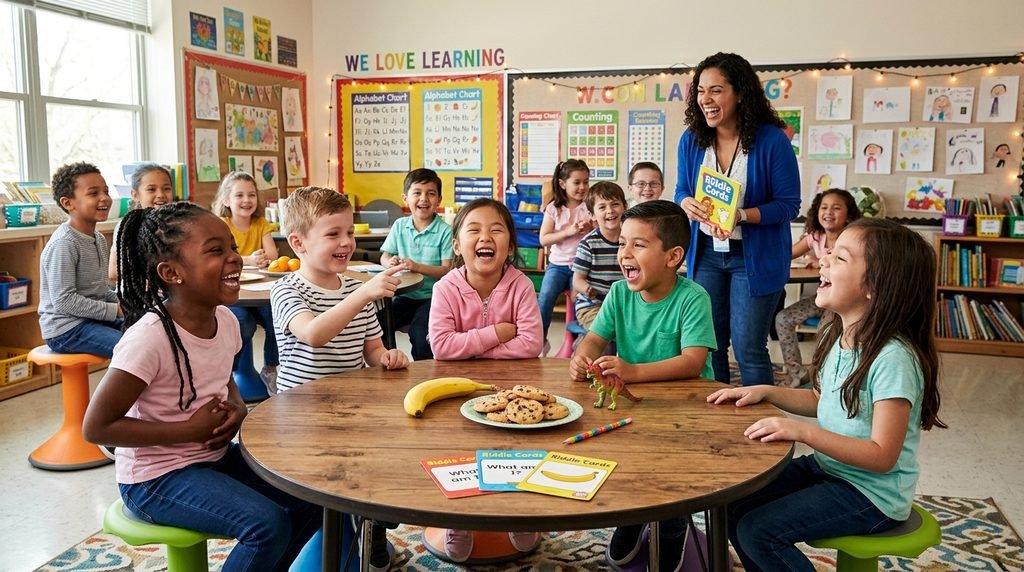 Smiling children laughing while sharing funny riddles in a classroom