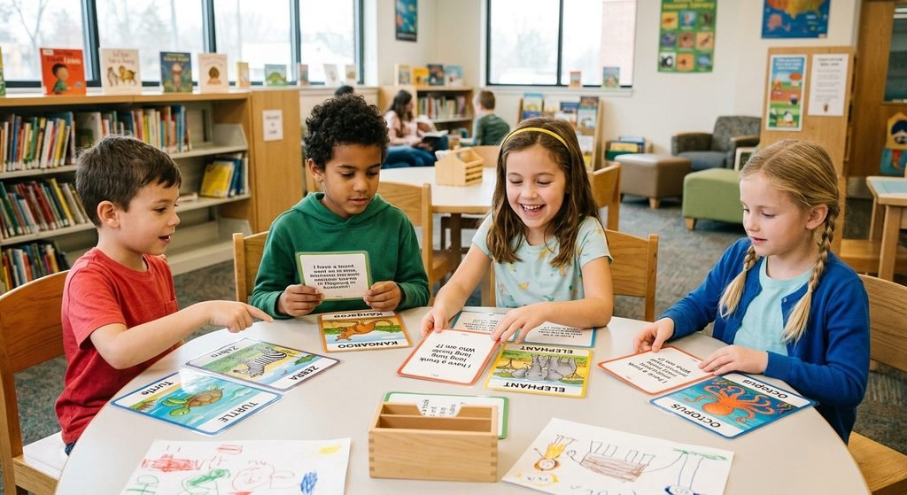 Children solving animal riddles with colorful animal picture cards
