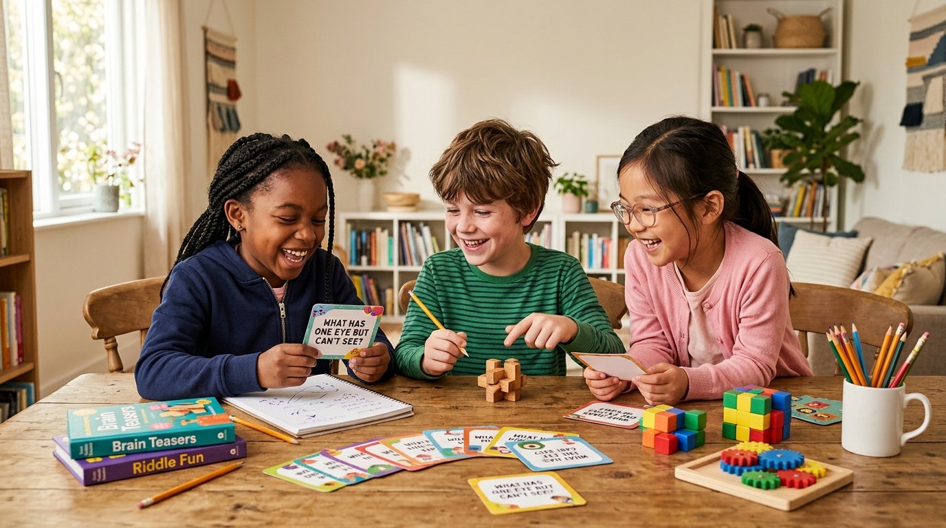 Kids laughing together while solving funny riddles at a table