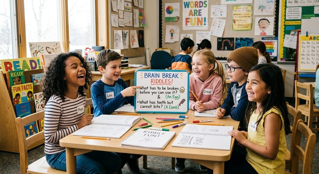 Students laughing while solving funny riddles during a classroom activity