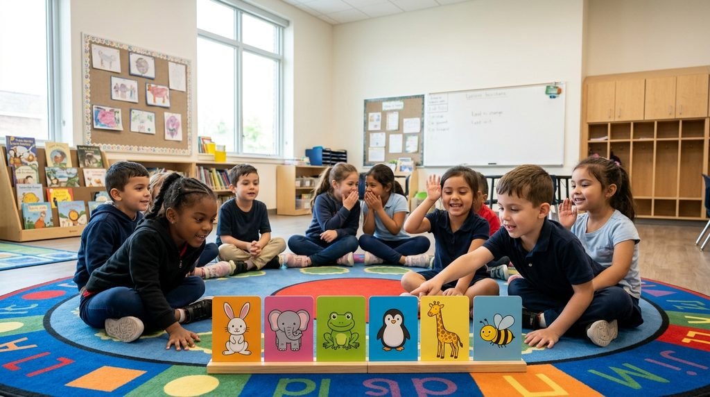 Children guessing animal riddles using colorful animal cards in class