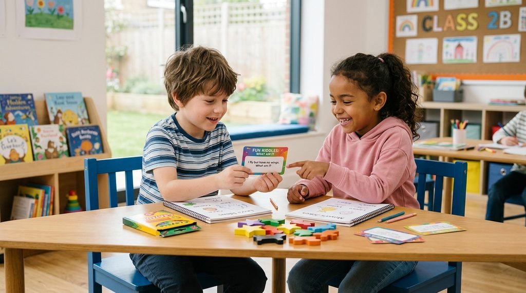 Elementary children solving easy riddles with colorful puzzle cards