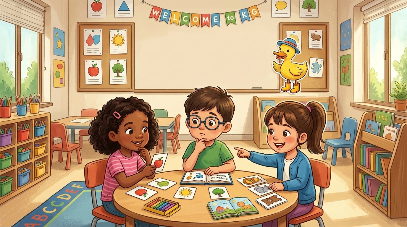 Young kindergarten children solving easy riddles together in a bright classroom