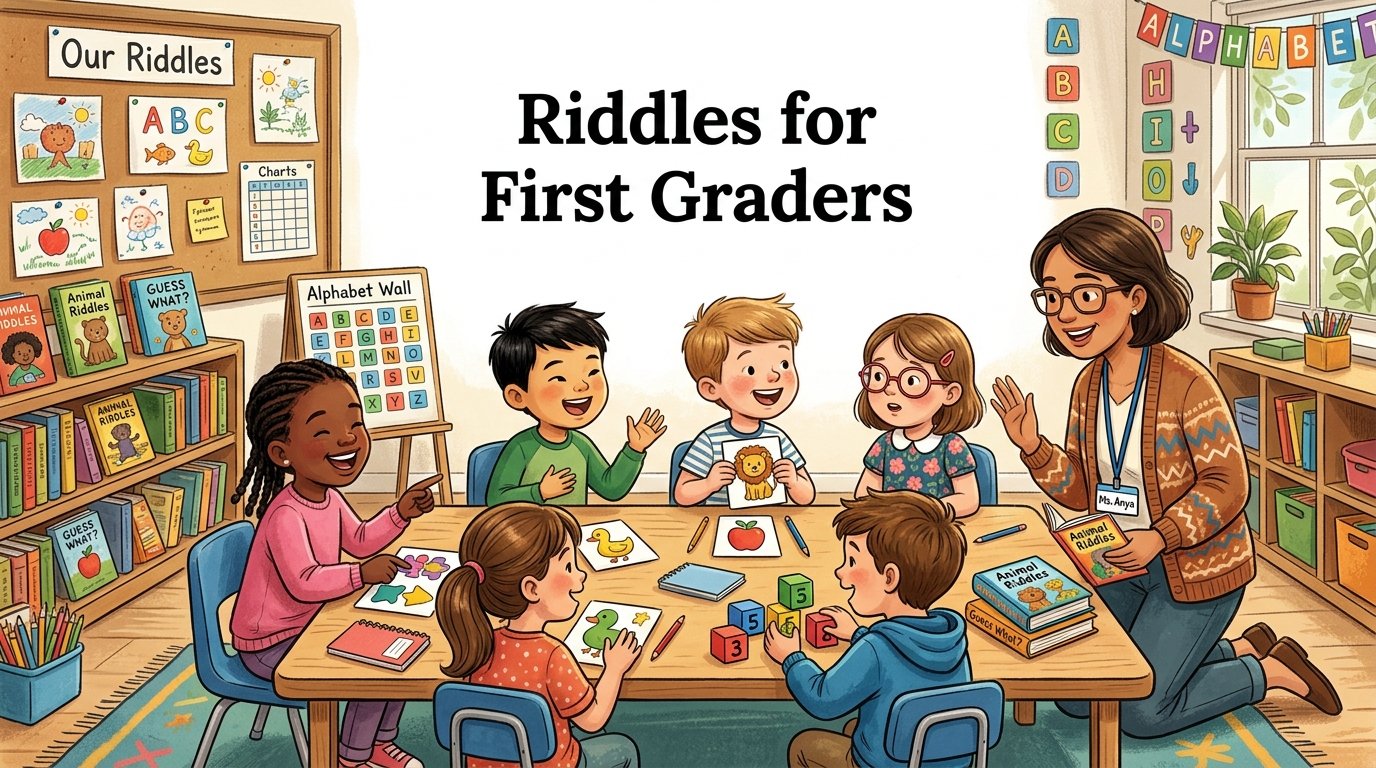 First graders solving fun riddles together in a bright classroom
