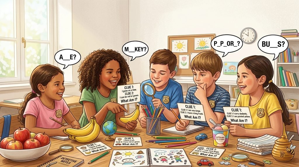 Kids solving funny What Am I riddles with clues and playful objects
