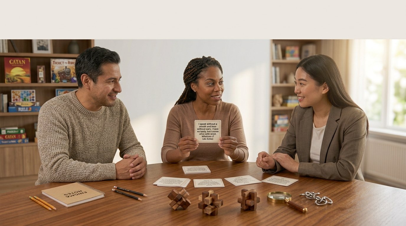 Adults working together to solve clean riddles at a table