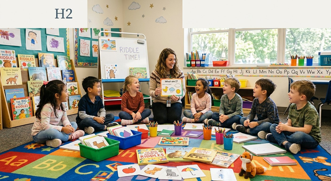 Kindergarten children enjoying a simple riddle game with colorful classroom cards