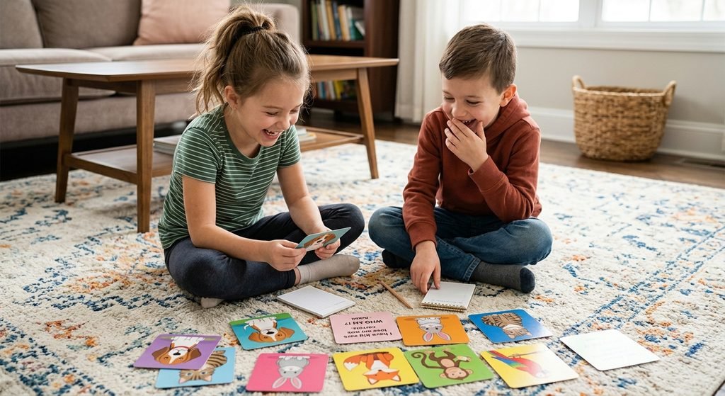 Children laughing over animal-themed riddles with playful animal cards