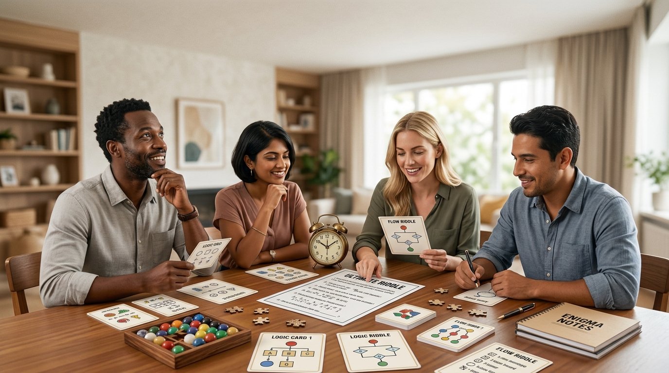 Adults solving clean riddles together during a challenging game night