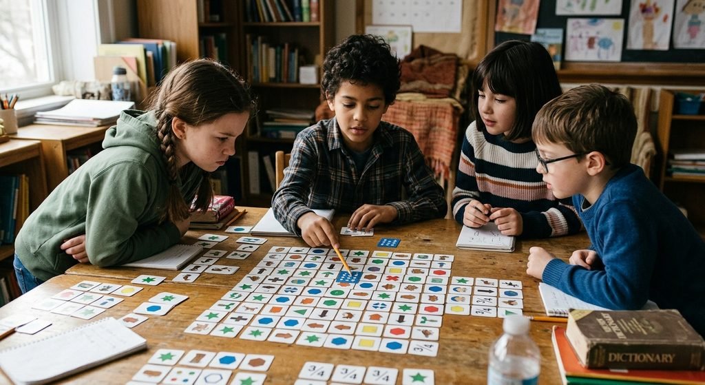 Kids concentrating on difficult final challenge riddles at a table
