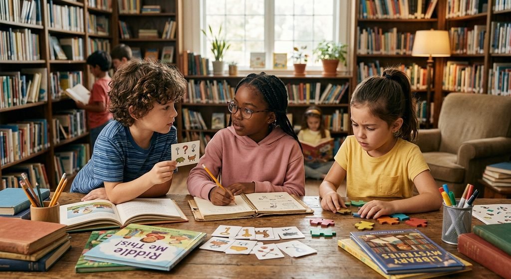 Children thinking carefully while solving tricky what am I riddles
