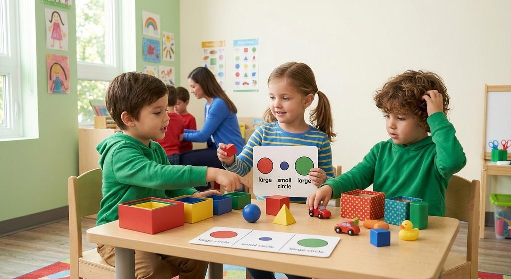 Create a thoughtful kindergarten puzzle scene with three children working together on a simple logic challenge using colored boxes, cards, blocks, and toy objects. Show concentration and friendly discussion rather than frustration. Use realistic anatomy, natural expressions, soft classroom lighting, a slightly closer camera angle, and clean heading space.