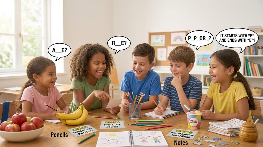 Kids enjoying funny wordplay jokes and riddles with playful clues