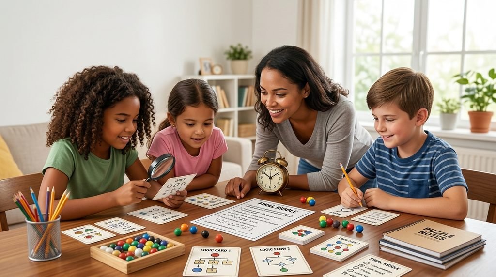 Children solving challenging riddles during a friendly family puzzle game