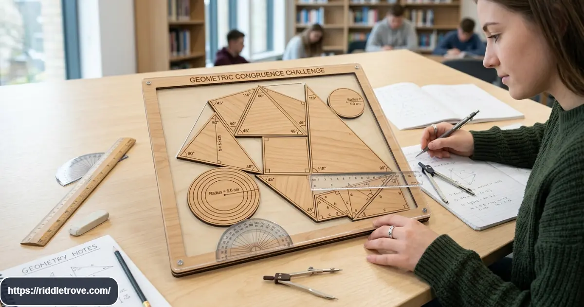 Geometry math puzzle with triangles squares circles and measurements