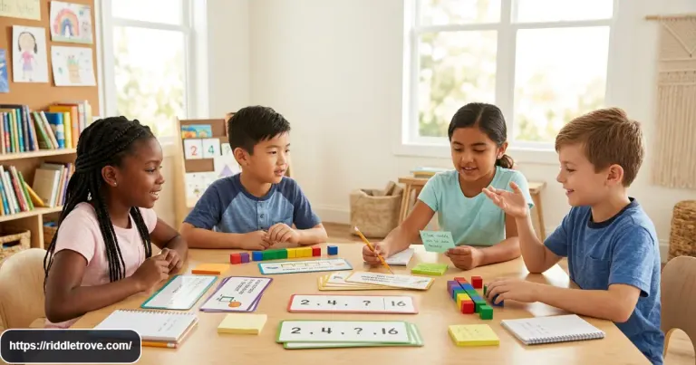 Kids solving colorful logic riddles and brain puzzles together