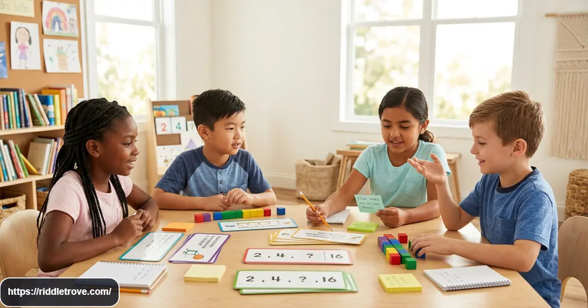 Kids solving colorful logic riddles and brain puzzles together