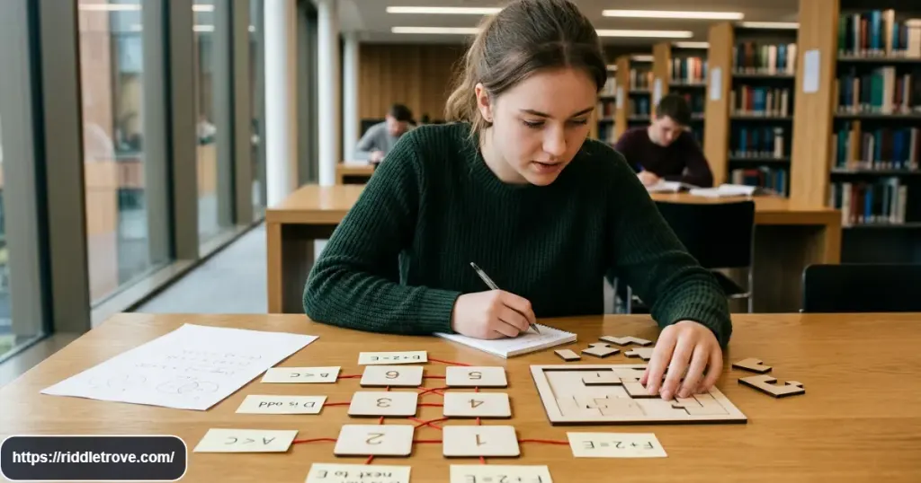Student solving logic math riddles with numbers clues and puzzle pieces