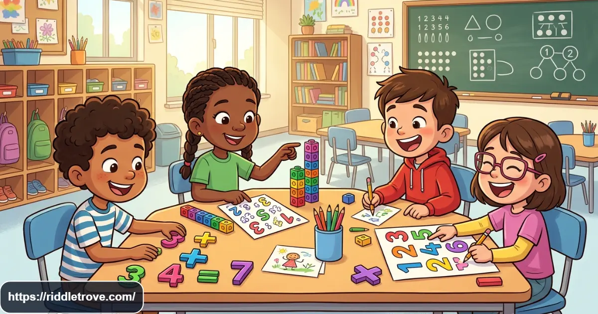 Simple math riddles for first graders with children solving easy number puzzles