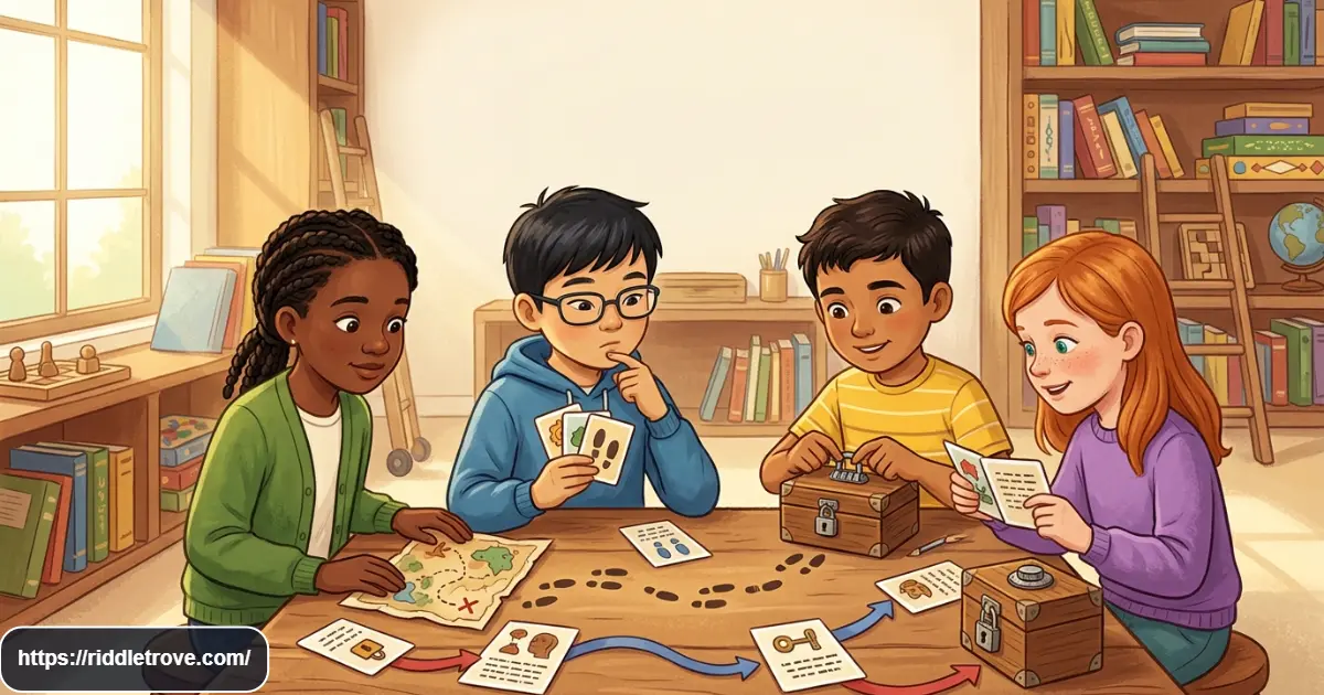 Kids solving story-based logic riddles through clues and mystery scenes