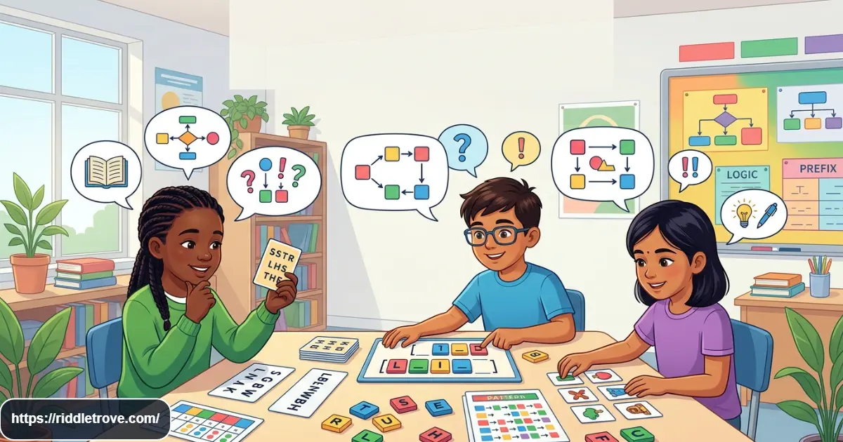 Kids solving word and language logic riddles with letters and word puzzles